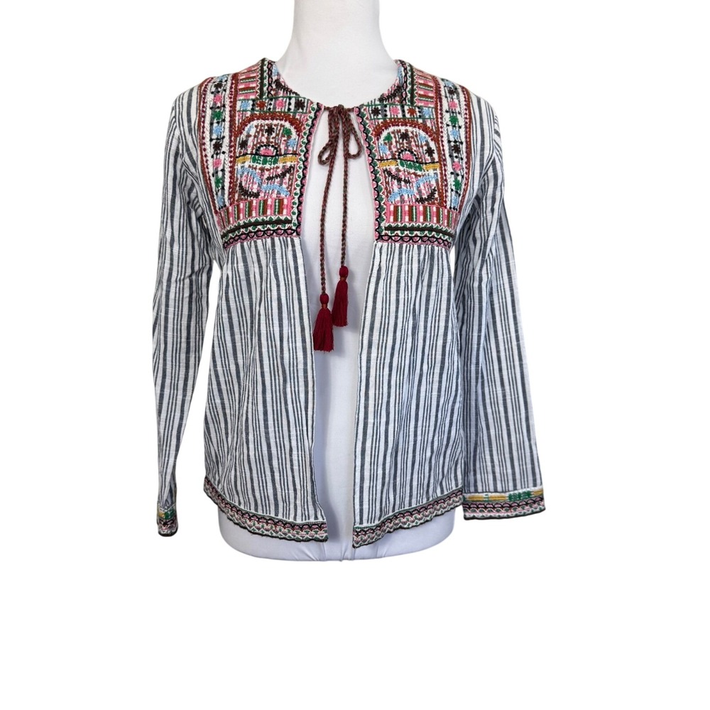 Raga Embroidered Open Front Cardigan Striped Boho Bohemian Festival Jacket XS